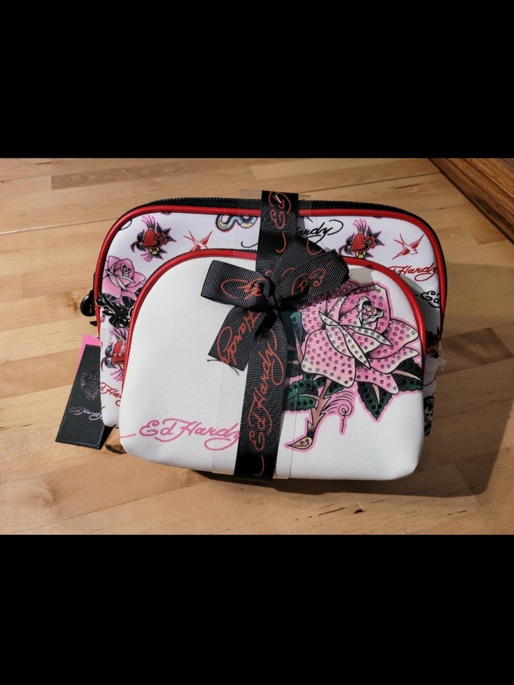 Ed Hardy White Pink Floral Cosmetic Pouch Duo